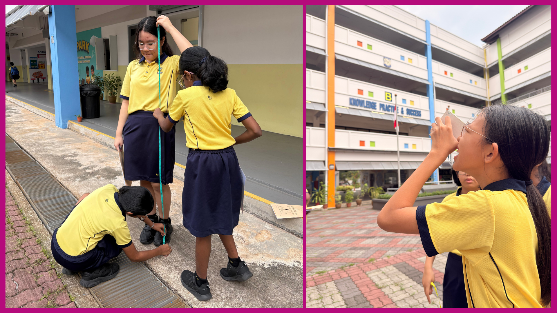Three panels show school students in yellow uniforms washing hands at sinks and reviewing worksheets outdoors.